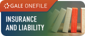 White text reading, "Insurance and Liability." Above, the words "Gale Onefile" in white text, with the Gale logo (a flower-like shape) to the left. In the background, a series of falling dominoes, mostly white, with one orange domino on the right.