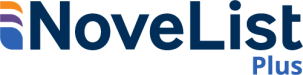 NoveList Plus Logo, with three leaf-like shapes on the left in blue, purple, and orange.