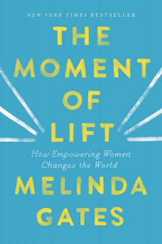 Book cover art: bright blue background.  The title, The Moment of Lift appear in large all capital letters, in yellow font, covering the uper 2/3 of the cover.  The author's name appears in the same style underneath.  White lines go from the edges of the word, "lift", slanting upwards and towards the edge of the cover.