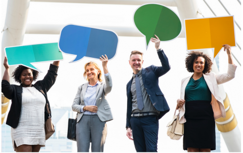 4 people holding speech bubbles