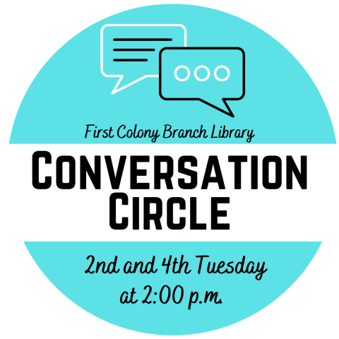 Teal circle with white rectangle across the middle. In the rectangle, it says Conversation Circle in black text. 