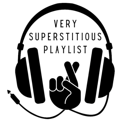 Clip art style headphones.  The cord to the headphones forms the shape of a pair of crossed fingers.  "Very Superstitious Playlist" appears between the headphones, above the crossed fingers.