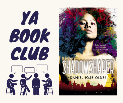 Image is split in half, vertically.  On the left side, in dark blue, bold font, "YA Book Club".  Under the words, 4 clip art-style figures sit on chairs with speech bubbles over their heads.  The right half of the image is the book cover for the book being read that month.