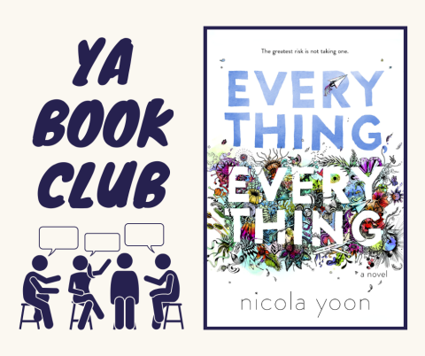 Image is split in half, vertically.  On the left side, in dark blue, bold font, "YA Book Club".  Under the words, 4 clip art-style figures sit on chairs with speech bubbles over their heads.  The right half of the image is the book cover for the book being read that month.