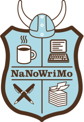 Logo of NaNoWriMo nonprofit; the logo is a horned helmet atop a shield that features a coffe mug, laptop, pens, and paper