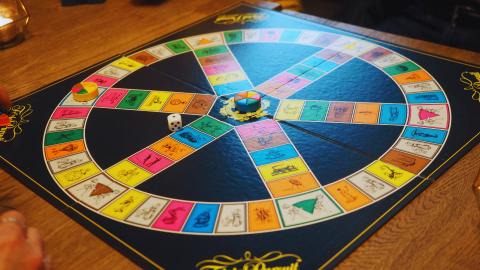 Board game Trivial Pursuit, set up for game play.