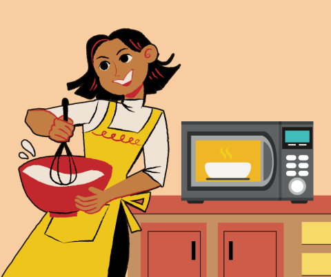 Young woman stirring ingredients next to a microwave