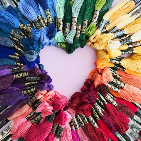 photo of a rainbow of emrboidery floss in the shape of a heart