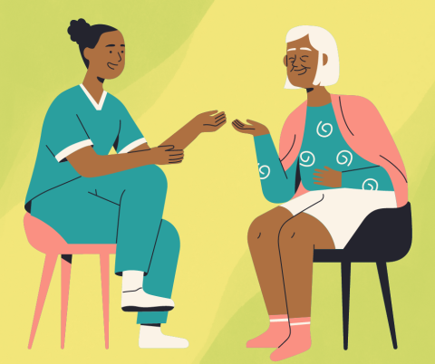 Illustration of a nurse speaking to an older woman