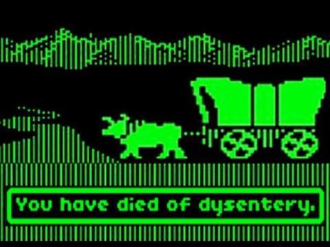 An image from the original Oregon Trail video game in black and green coloring.