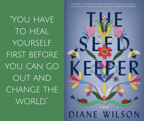 Quote on left: "You have to heal yourself first before you can go out and change the world."  Book cover on right.