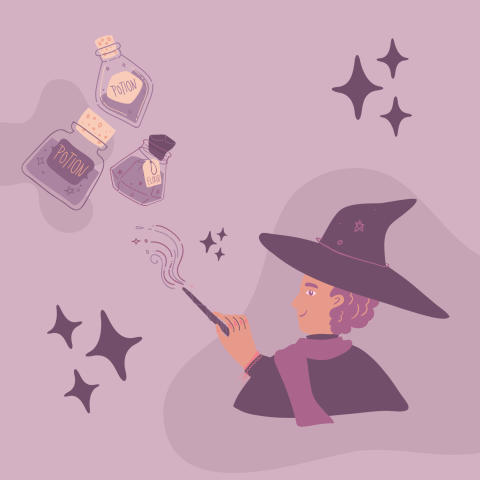 A witch stands confidently, holding a wand in one hand and a potion bottle in the other, surrounded by mystical elements.