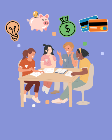 A gorup of teens sits around a table discussing finances 