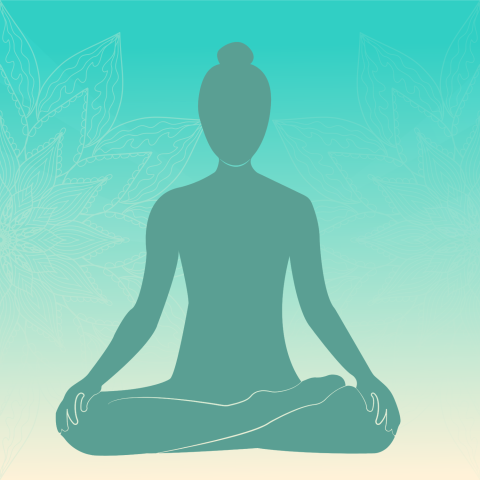 A person in a lotus position, meditating peacefully against a serene blue background. 