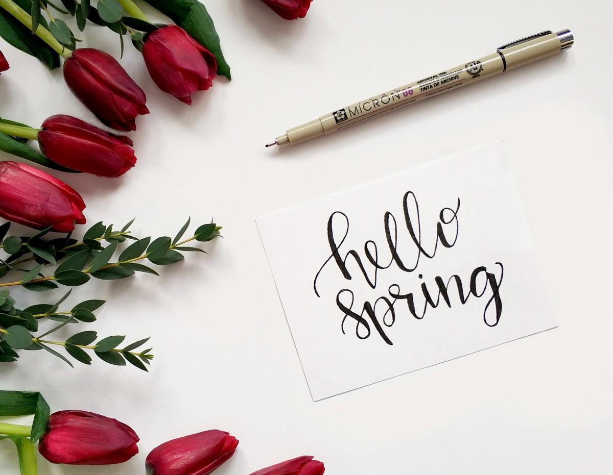 red roses, a pen, and a sign that says hello spring 