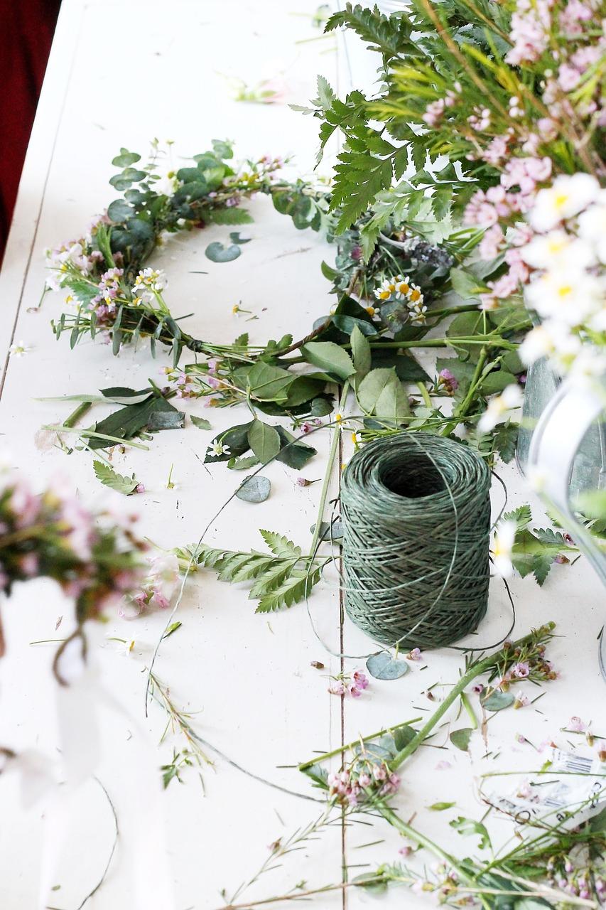 craft desk with flower crown materials