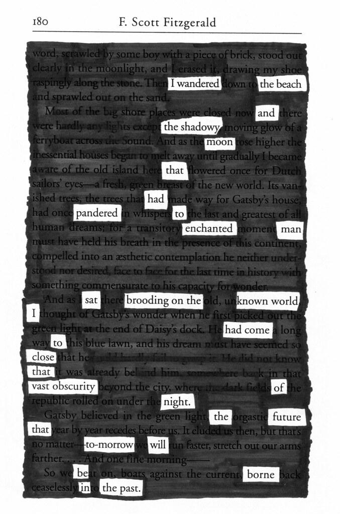 A page from the Great Gatsby with parts marked out for blackout poetry