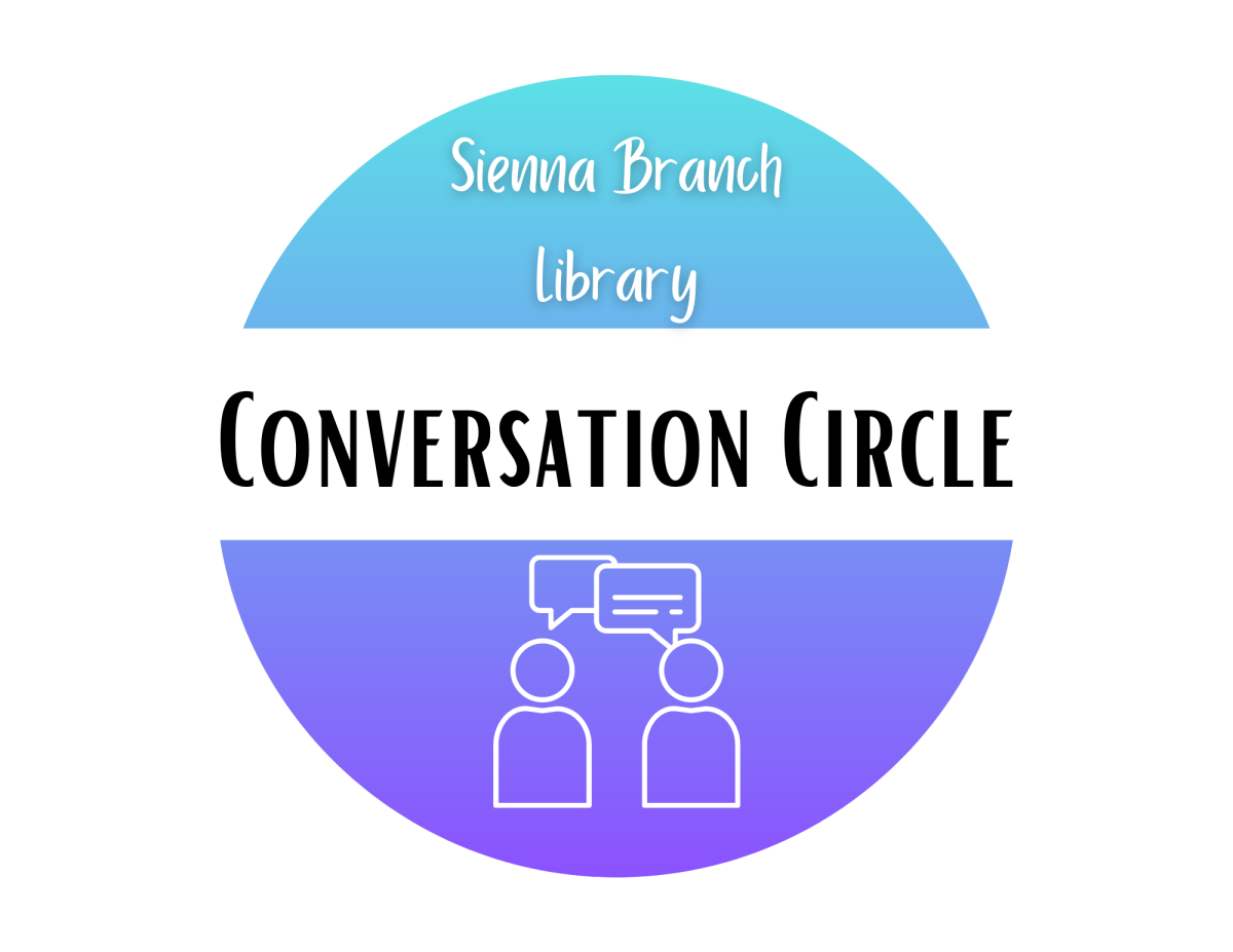 Gradient circle with the text "Sienna Branch Library" and "Conversation Circle" 