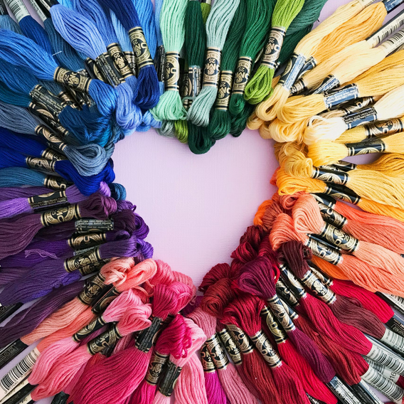 photograph of a rainbow of embroidery floss in the shape of a heart