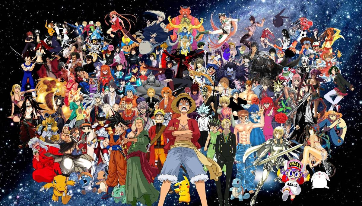 photo of various anime characters on a space background