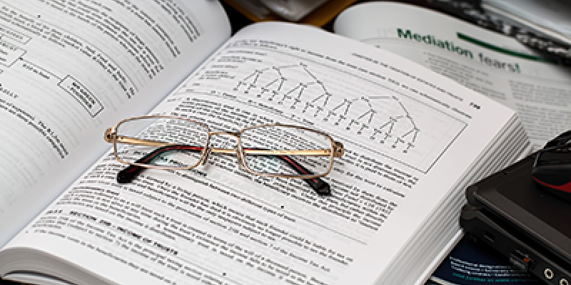 an open law book with reading glasses placed on top