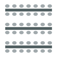 Room setup icon of a series of rectangular tables with chairs on either side of each table