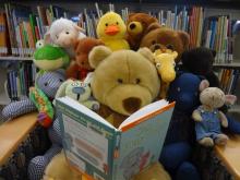 Teddy-Bear Sleepover - Bear reads book to stuffed friends.